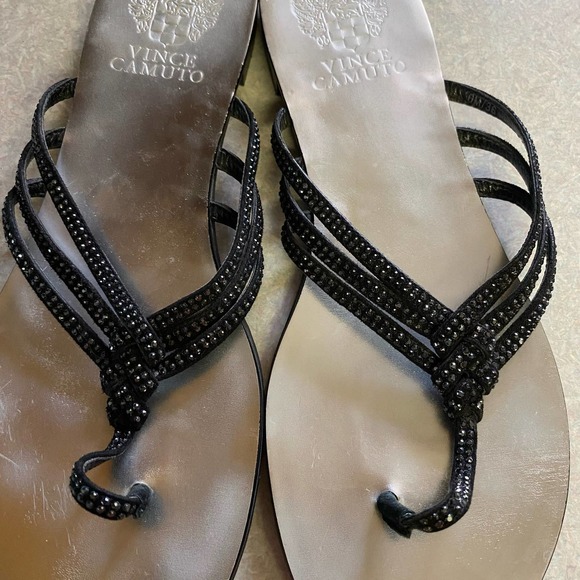 Vince Camuto Black Rhinestone Thin Strappy Coastal Modest Vacation Resort Fli… - Picture 2 of 7